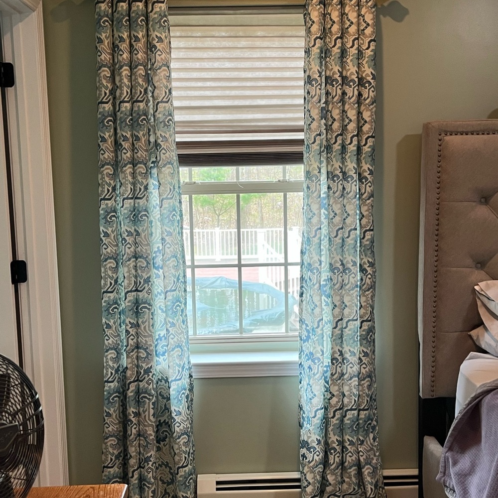 Pier One Elegant Blue and White Patterned Curtains… set of 4 panels